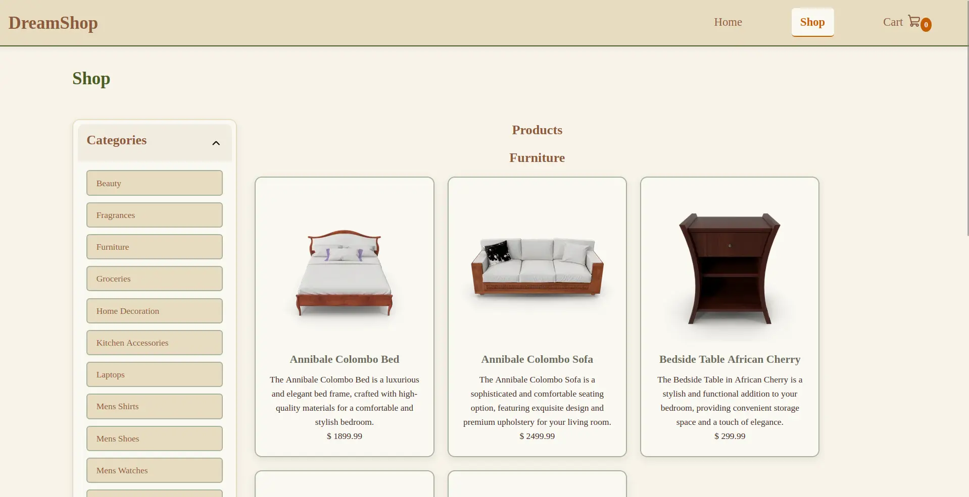 Captura de pantalla del proyecto Dream Shop